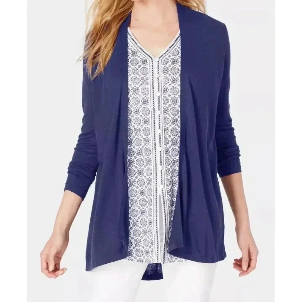 J. Jill Women's Linen Blend Back Pleat Cardigan Size Small Blue Relaxed Fit